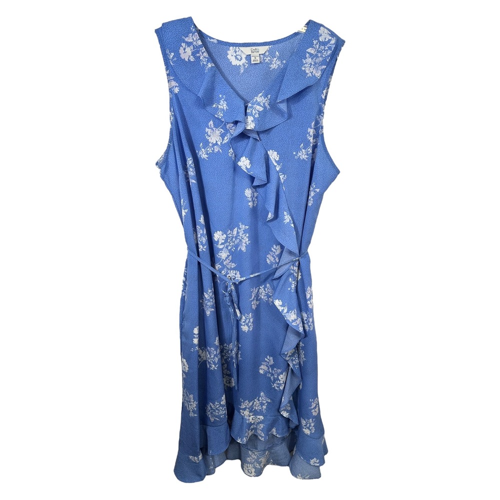 Croft & Barrow Plus Size 1X Dress Blue Floral Ruffle Faux Wrap Fairy Whimsy 1515